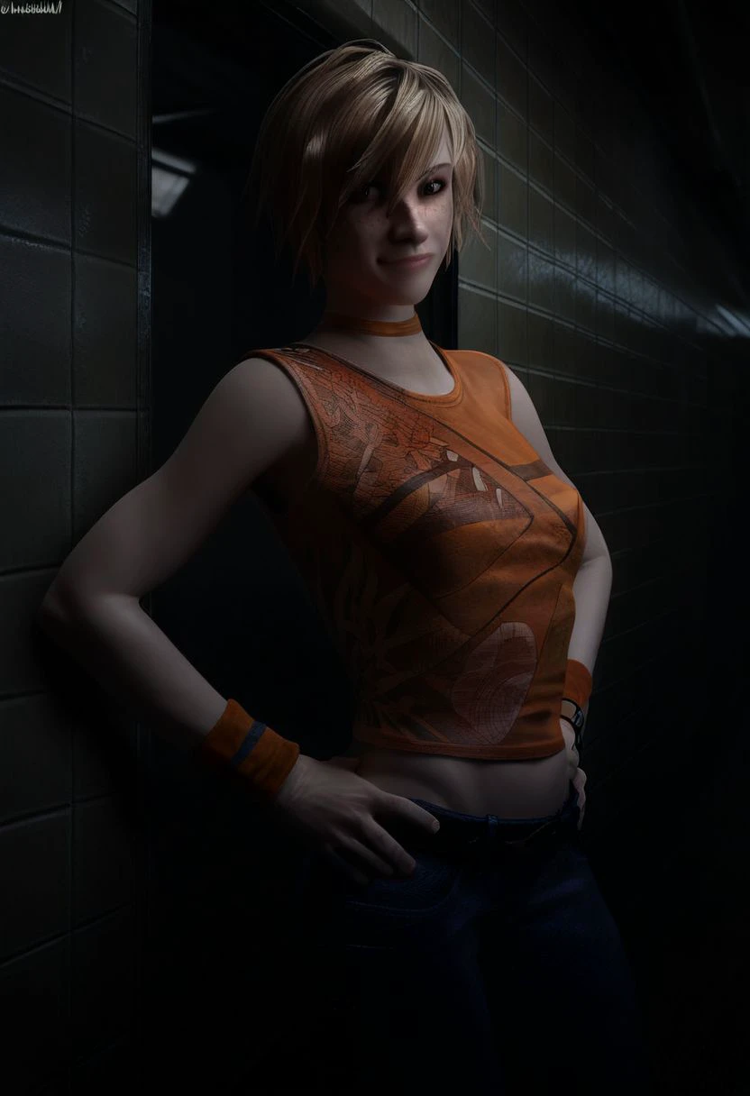 Score_9_up, score_8_up, score_7_up, 1girl, heather mason, solo, blond hair, brown eyes, freckles, orange tank top, jeans, hands on hip, smiling, wristband, wristwatch, subway station, Expressiveh