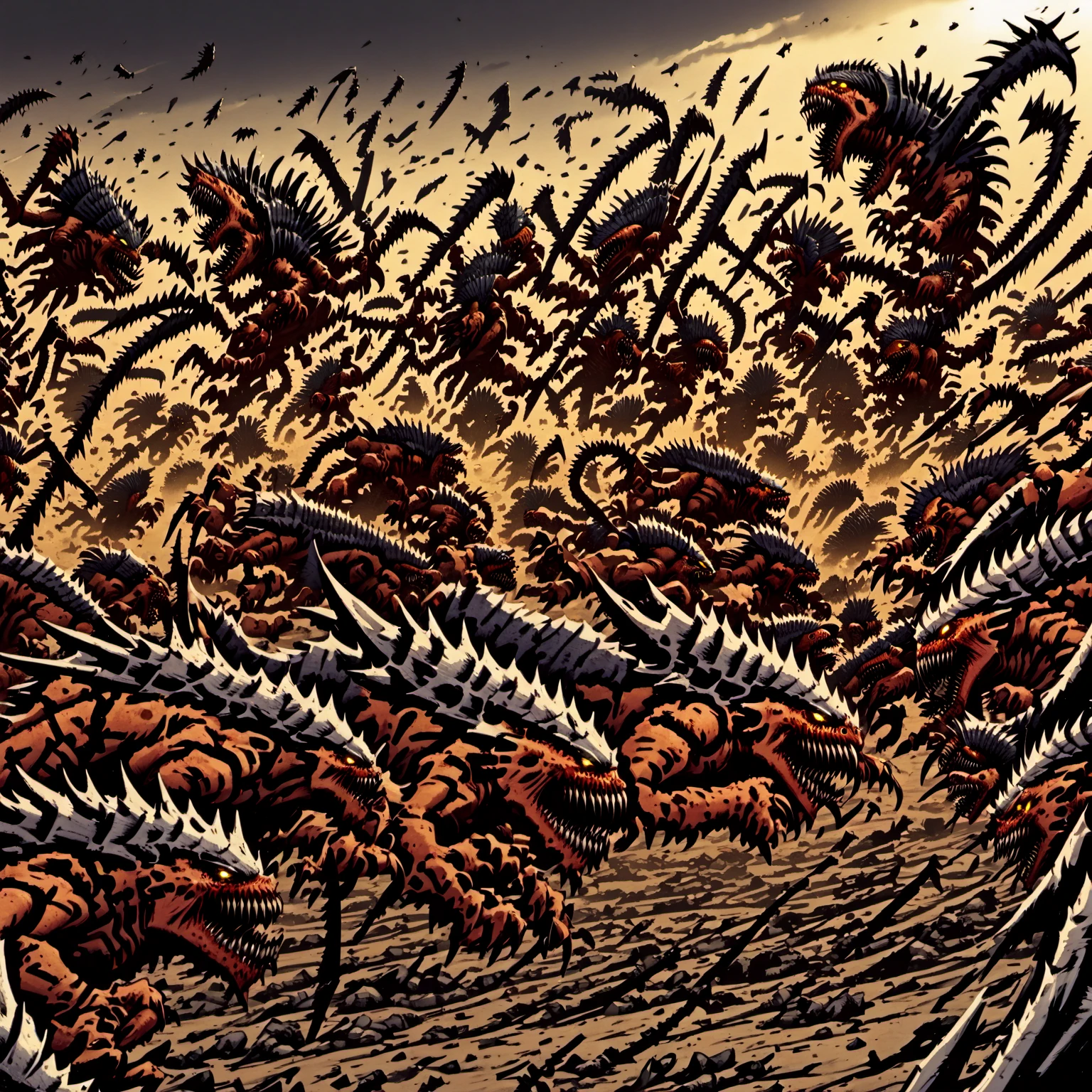 a swarm of monsters running across a battlefield, tyrnd, teeth, claws, spikes,