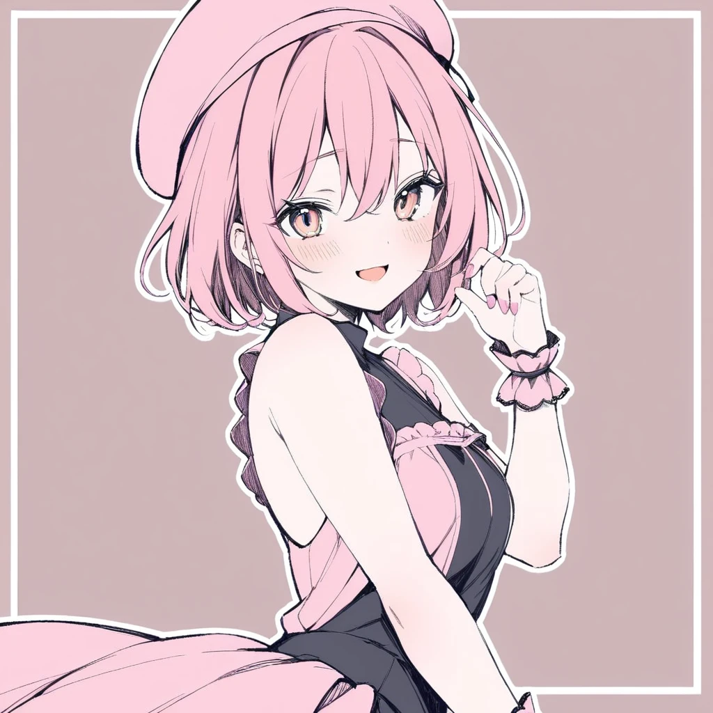 1girl,
solo, upper body, smile, bare shoulders, turtleneck, two-tone dress, pink hat, short hair, hat, dress, hair between eyes, pink hair, :d, blush, nail polish, beret, looking at viewer, hand up, open mouth, pink nails, pink wrist cuffs, pink dress, white background, sleeveless, black dress, wrist cuffs, brown eyes, shy, simple background, sleeveless dress, frills,
masterpiece, best quality, safe
<lora:mki-a31-dodosako-v1-000070:1>