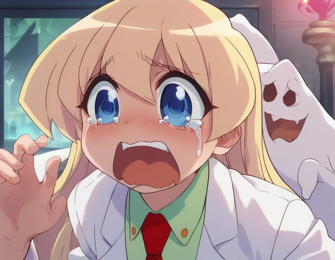 <lora:Smooth Anime 2 Style SDXL_LoRA_Pony Diffusion V6 XL:0.8> score_9, score_8_up, score_7_up, score_6_up, score_5_up, score_4_up, source_anime, BREAK, <lora:Rebecca Miyamoto PONY:1> 1girl, rebecca miyamoto, blonde hair, labcoat, long hair, blue eyes, necktie, in a haunted house, (ghosts), scared, tears