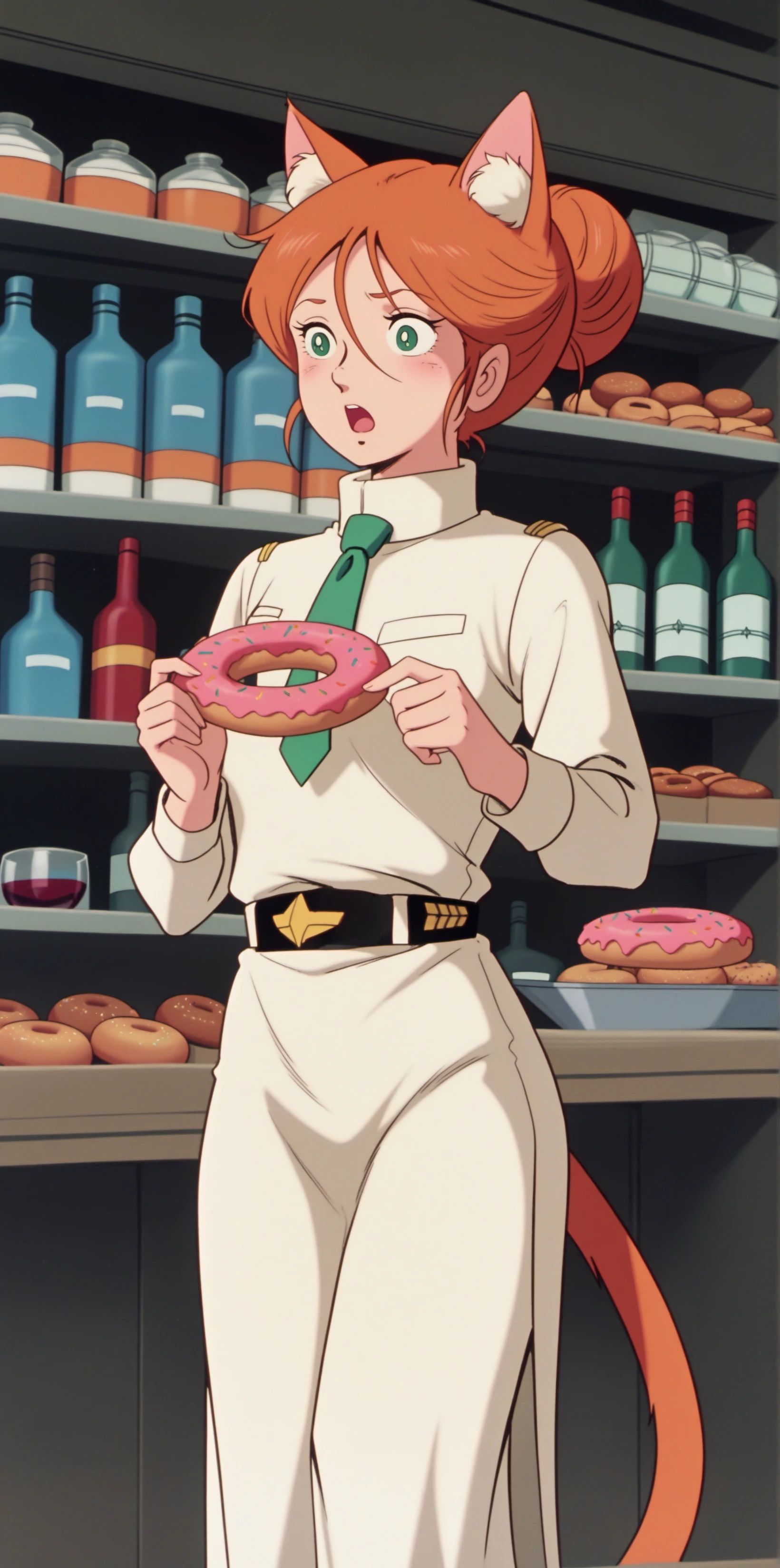 (GZND79:0.8), (score_9, score_8_up, score_7_up, score_6_up, source_anime:0.7), 1girl, catgirl, green eyes, surprised, doughnut hair bun, orange hair, turtleneck, pelvic curtain, necktie, light, wine bottle, indoors, antique shop, vintage treasures, nostalgia, collectibles, white animal ear fluff