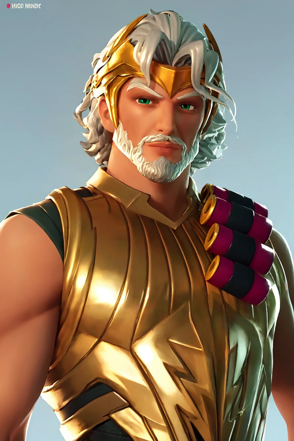 zeusfortniteV1, 1boy , mature male, looking at viewer,  white skin, white hair, green eyes, beard, mustache, male focus, facial hair, muscle, golden armor, armor, shotgun shell bandolier,   <lora:zeusfortnite-09:0.8>, masterpiece, 4k, high quality, highres, absurdres,