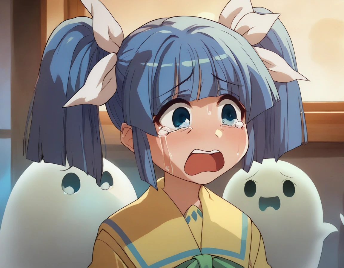 <lora:Smooth Anime 2 Style SDXL_LoRA_Pony Diffusion V6 XL:0.8> score_9, score_8_up, score_7_up, score_6_up, score_5_up, score_4_up, source_anime, BREAK, <lora:Suzuki Sayaka PONY:1> 1girl, suzuki sayaka, blue hair, twintails, yellow school uniform, white ribbon, blue eyes, in a haunted house, ghosts, scared, tears