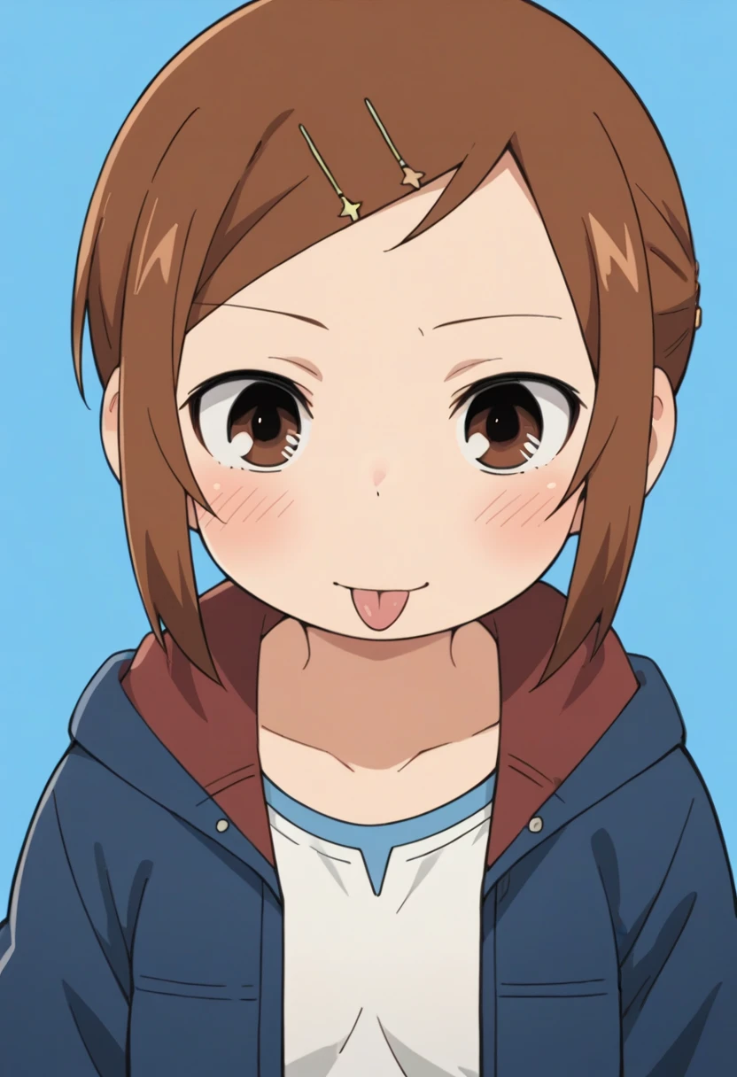 score_9, score_8_up, score_8, source_anime, 1girl, <lora:Miyashita:0.9> solo, brown hair, hair ornament, hairclip, brown eyes, short hair, blue jacket, blush, tongue, looking at viewer, upper body,
simple background, light blue background,