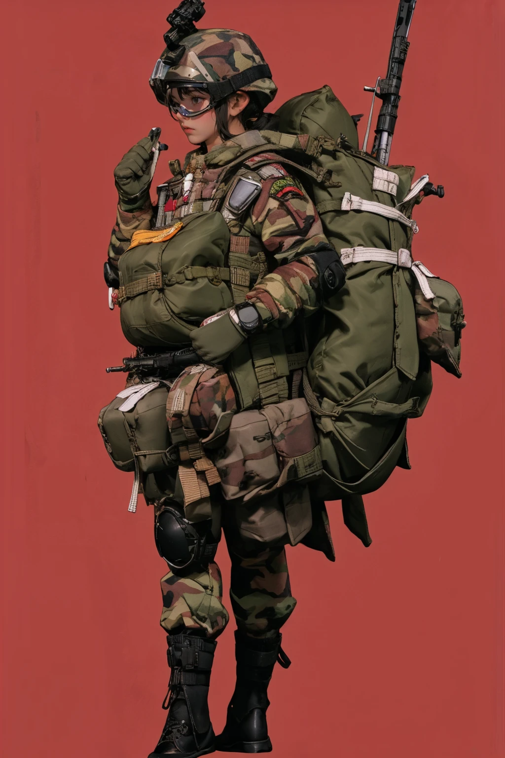 1girl,red background,full body,,ruanyi0532,backpack,bag,camouflage jacket,camouflage pants,goggles,helmet,load bearing vest,combat boots,<lora:0532 Ranger Regiment Airborne_v1:1>, best quality,masterpiece,highres,official art,extremely detailed cg unity 8k wallpaper