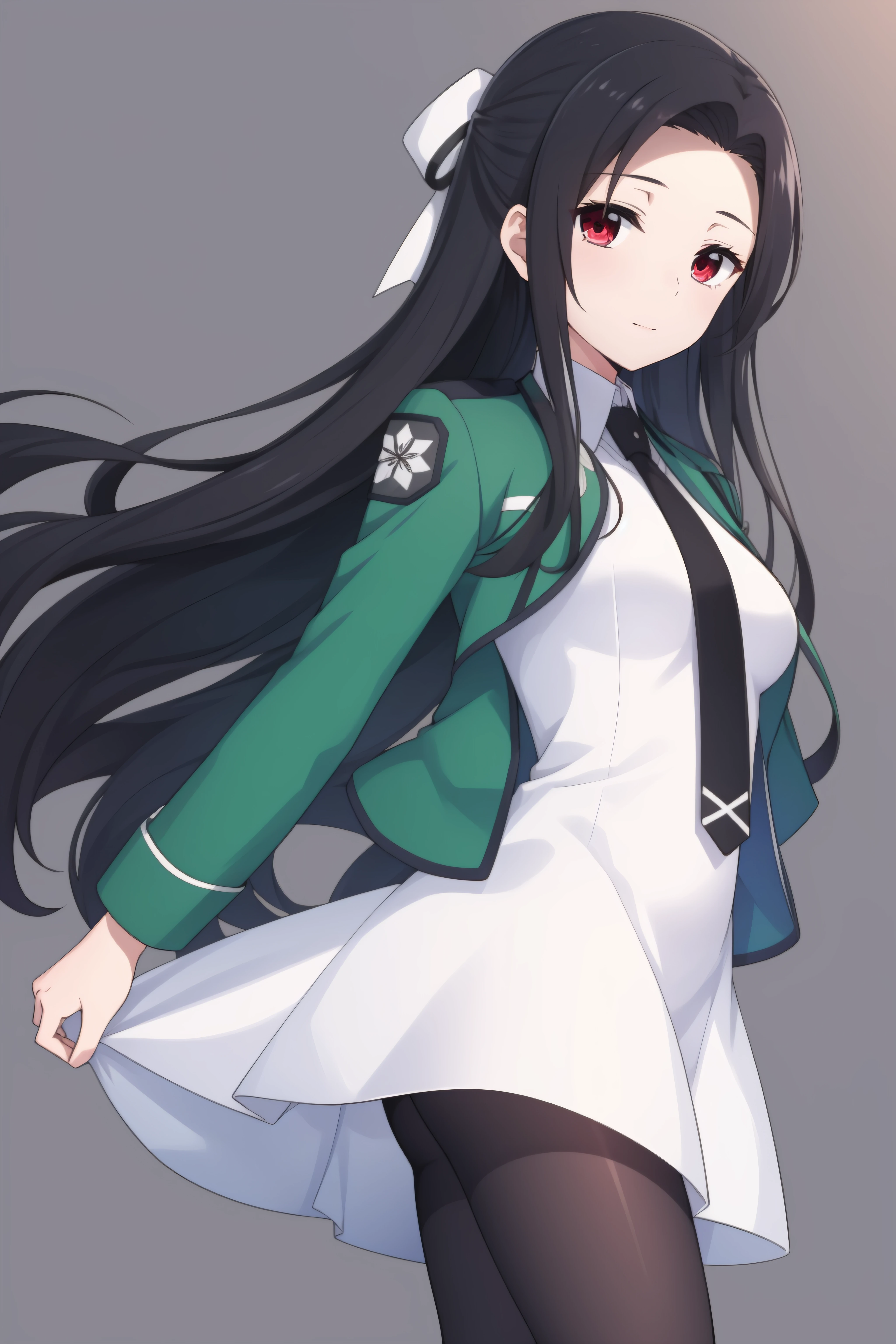 (masterpiece, best quality), <lora:Mayumi Saegusa-lora-Faxtron:0.8> mayumi saegusa, red eyes, black hair, long hair, medium breasts, striped ribbon, cropped green jacket, long sleeves, white dress, black necktie, pantyhose, standing,