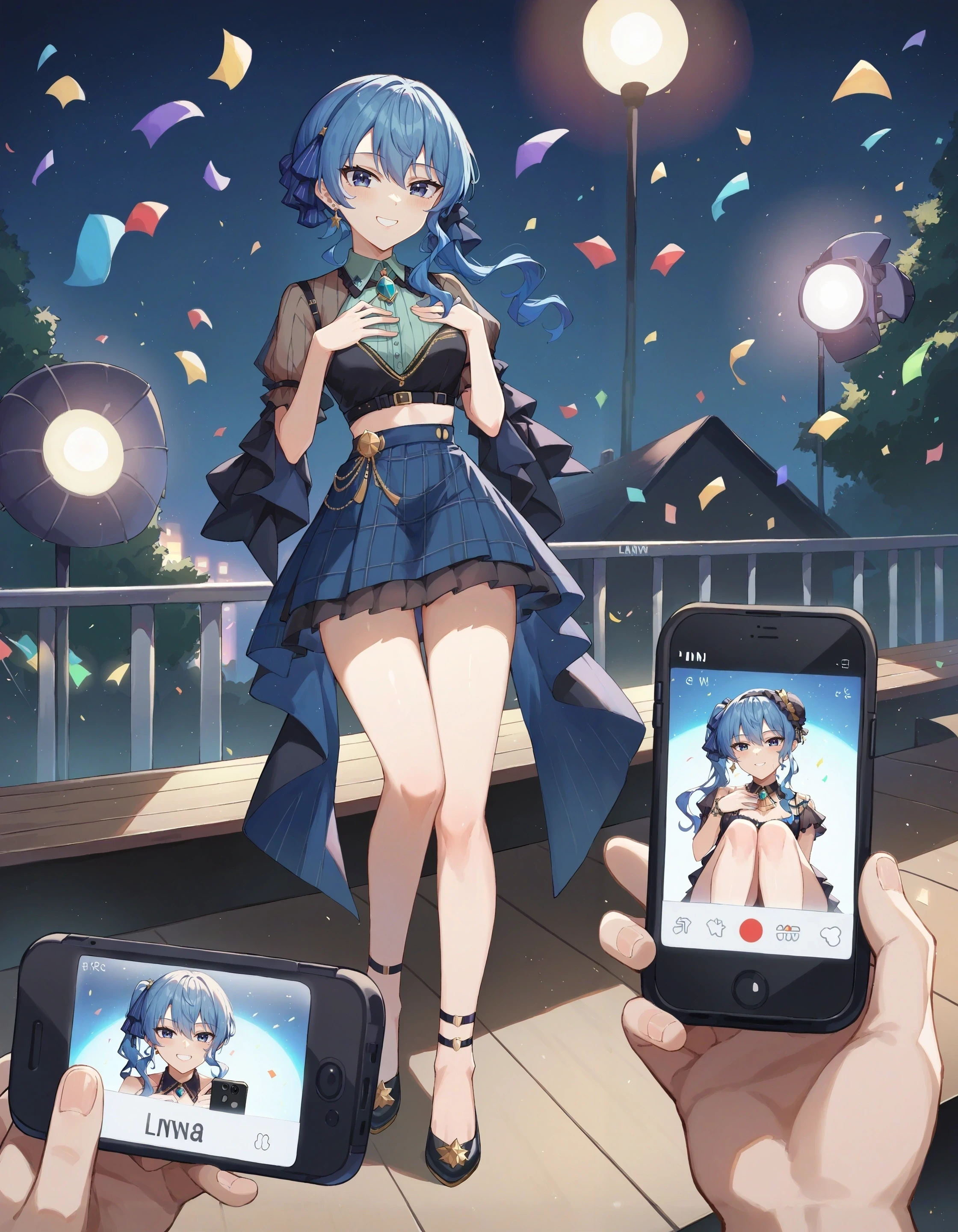 score_9, score_8_up, score_7_up,
povhldg smartphone, recording, full body,
1girl, lanr, blue hair, blue eyes, idol clothes, on stage, stage lights, hand on own chest, confetti, smile, :d,
<lora:concept_povholding-pony-v2:1>