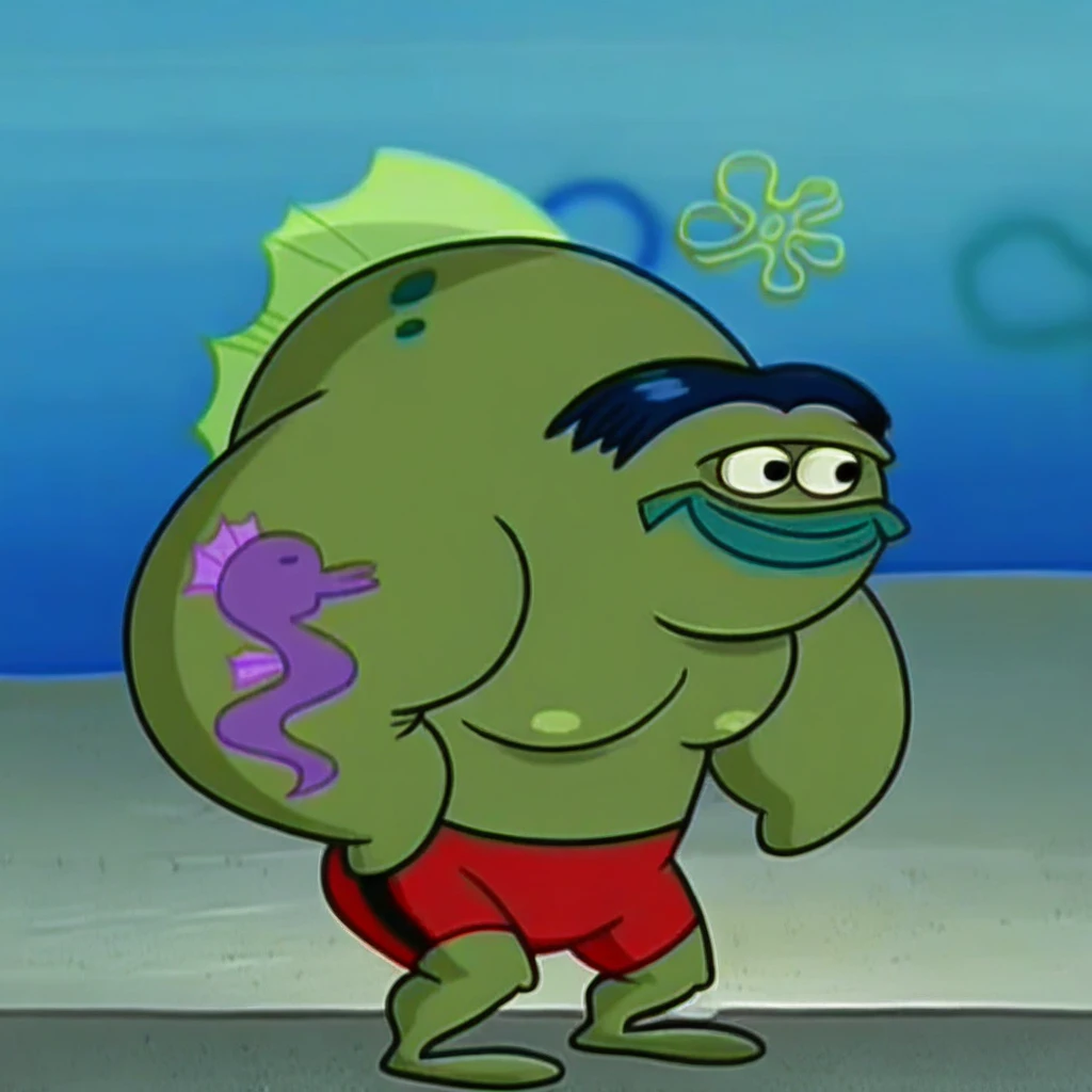 Green thug fish, solo, anthro fish man, hunchback, muscular male, 1boy, thick arms, seahorse tattoo, fish lips, green skin, red shorts, smile, closed mouth