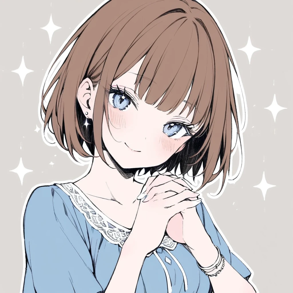 1girl,
solo, collarbone, smile, blush, jewelry, white nails, stud earrings, bracelet, blue eyes, bob cut, blue dress, blunt bangs, nail polish, light particles, sparkle, hands up, short sleeves, grey background, own hands clasped, eyelashes, dress, short hair, head tilt, looking at viewer, simple background, brown hair, earrings, closed mouth, own hands together, upper body, interlocked fingers,
masterpiece, best quality, safe
<lora:mki-a31-dodosako-v1-000070:1>