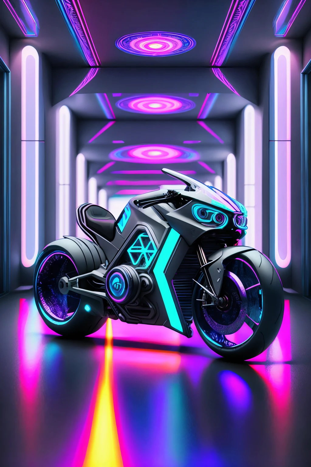 DMT Art Style, cinematic photo (Periwinkle color zzsbkzz:1.2), Gray long hair, reflection, Holographic Art Installations background <lora:Futuristic Motorcycle Generator Concept v4.03-000008:1> . 35mm photograph, film, bokeh, professional, 4k, highly detailed, bright colors, surreal visuals, swirling patterns, DMT art style
