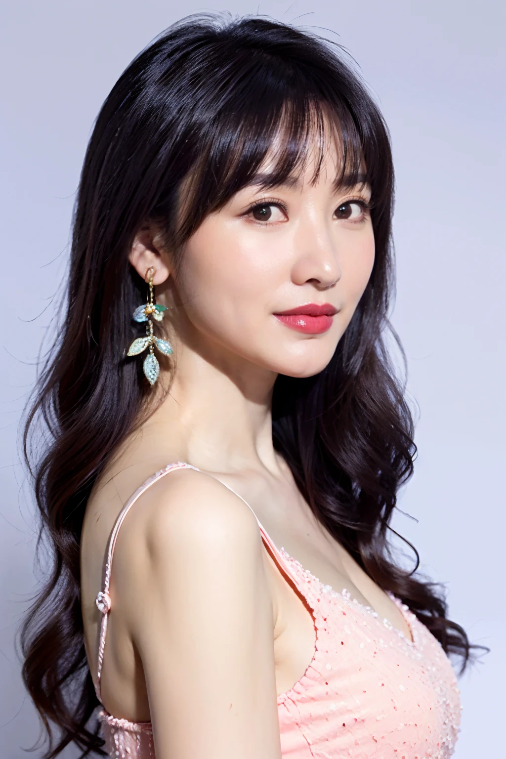 <lora:LiuYan1.0:0.75>,1girl,(looking at viewer:1.2),earrings,smile,
dress,portrait,from side,
simple background,
masterpiece,best quality,ultimate details,highres,8k,wallpaper,extremely clear,