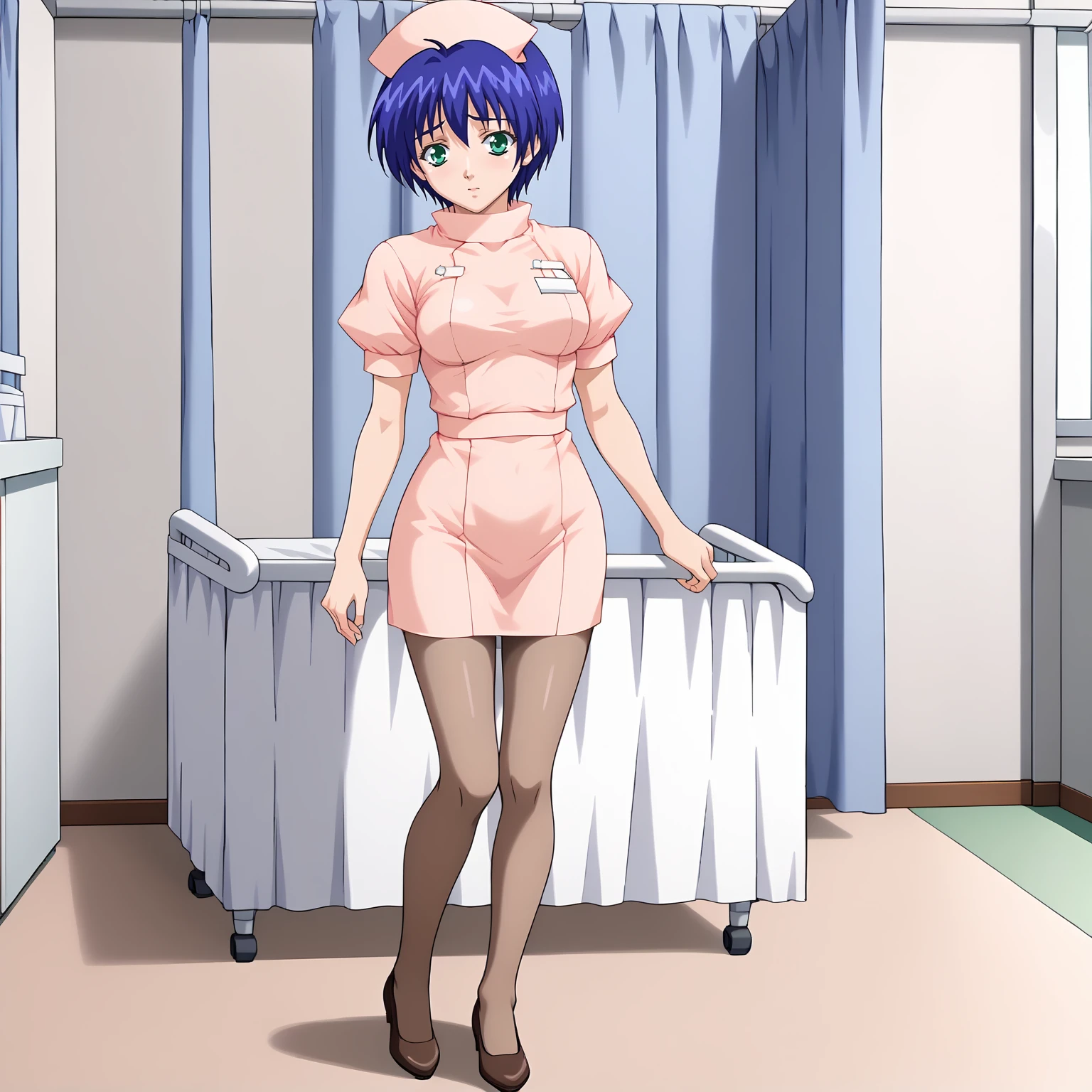 <lora:YumiAsakuraXLpony002>,
solo,
YumiAsakura,1girl,blue hair,short hair,bangs,green eyes,
nurse_cap,nurse,
brown pantyhose,
full body,standing,