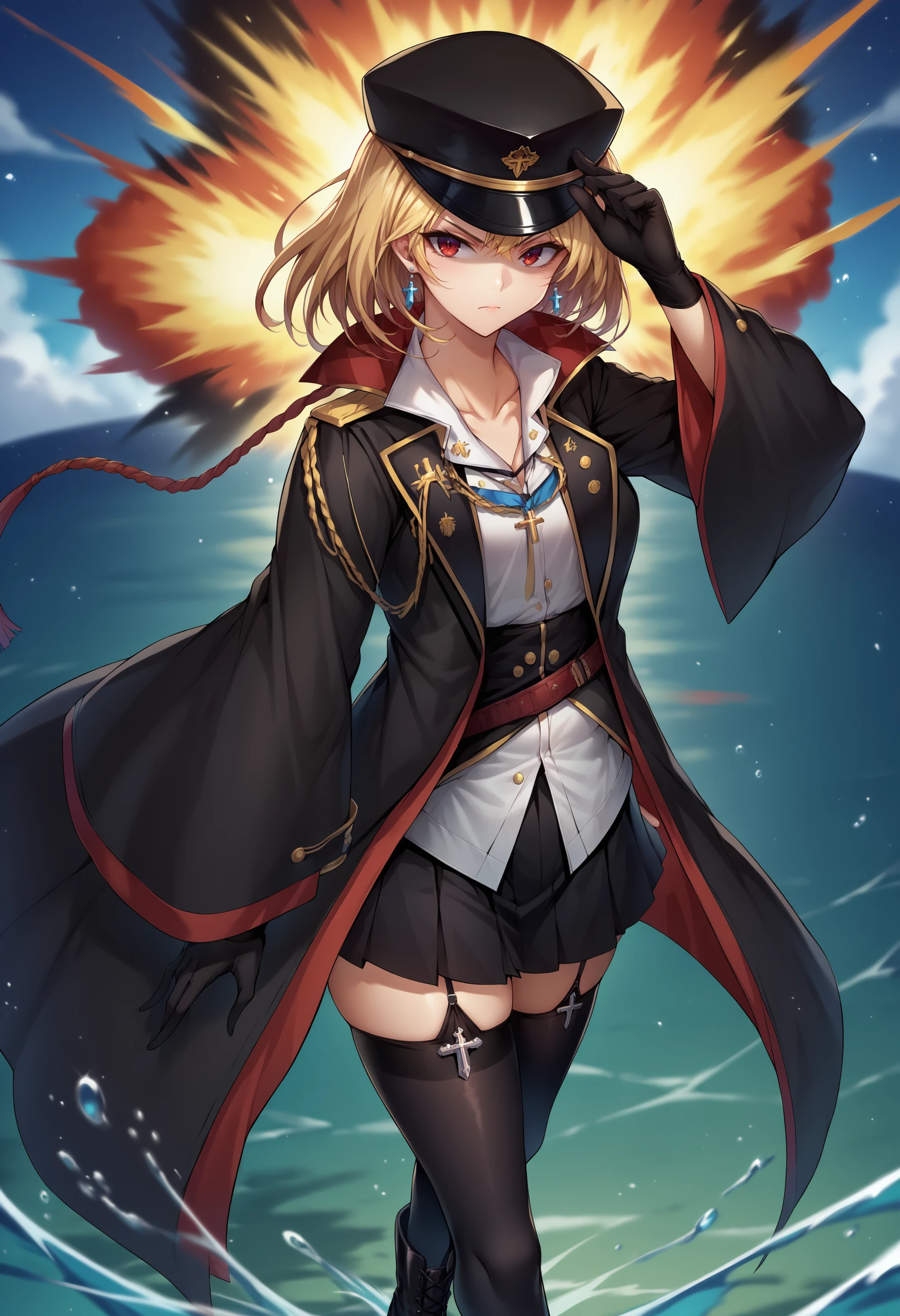 score_9, score_8_up, score_7_up, source_anime, solo, 1girl, <lora:PrinceOfWales_XLPD:1.0>, IncrsPrncWlsSkrEleg, blonde hair, red eyesbangs, peaked cap, black headwear, black gloves, black thighhighs, jewelry, garter straps, long sleeves, white shirt, military hat, earrings, collarbone, pleated skirt, military uniform, black skirt, wide sleeves, collared shirt, black footwear, braid, zettai ryouiki, miniskirt, black coat, medal, black shorts, cross-laced footwear, epaulettes, aiguillette, walking on water, floating, ocean, explosion, warship, hand on headwear, serious, looking at viewer, shaded face, closed mouth, wide angle, dynamic, chromatic aberration,