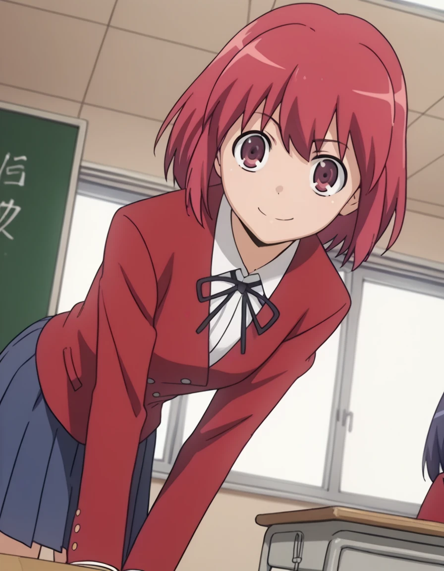 score_9, score_8_up, score_7_up, source_anime,
minorikushieda, <lora:minori-kushieda-s1-ponyxl-lora-nochekaiser:1>,
minori kushieda, short hair, red eyes, red hair,
school uniform, oohashi high school uniform, jacket, red jacket, long sleeves, shirt, white shirt, collared shirt, ribbon, skirt, pleated skirt,
indoors, classroom, bent over, smile,
looking at viewer, solo, cowboy shot, dutch angle,