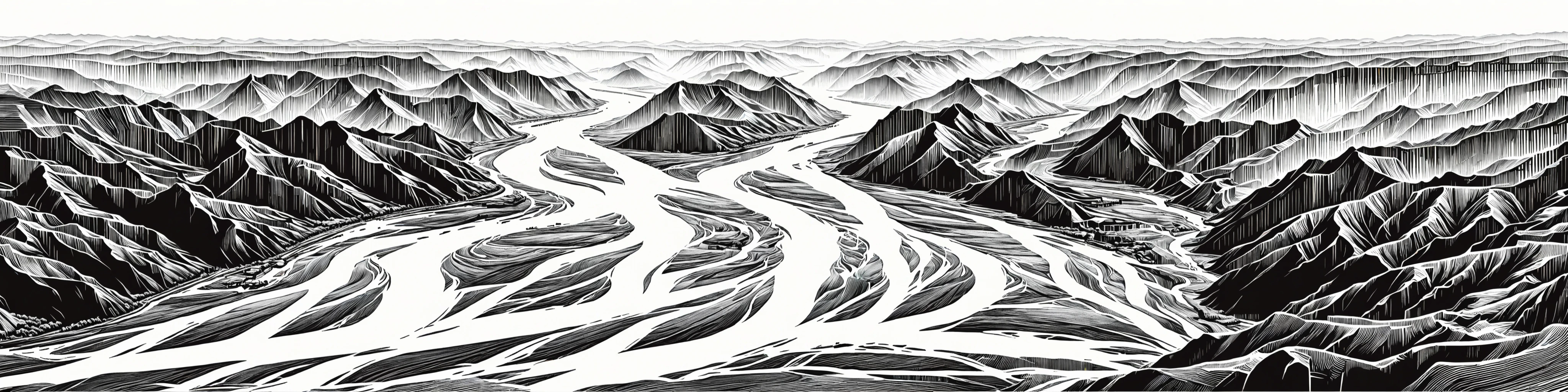 Create a highly detailed,technical drawing of the yellow river of China,emphasizing precision and complexity in its design. The view should be panoramic,with focus on structural details and textural elements,similar to a technical schematic or a data visualization diagram,masterpiece,high quality,bigc,digital engraving,beautiful,colorful,8k,<lora:aki-000002:1>,