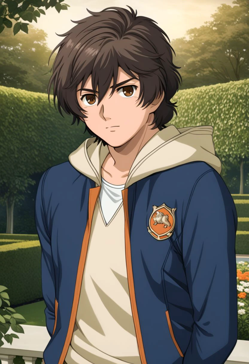 ASCIIbanagher_links, white undershirt, beige hoodie, blue jacket with orange lining, 1boy, male focus, solo, slim, thin waist, warm beige skin, brown hair, 
glossy expressive eyes, big brown eyes, looking at the viewer,
in a royal garden,
masterpiece, best quality, ultra high res, intricate detail, clamshell warm lighting