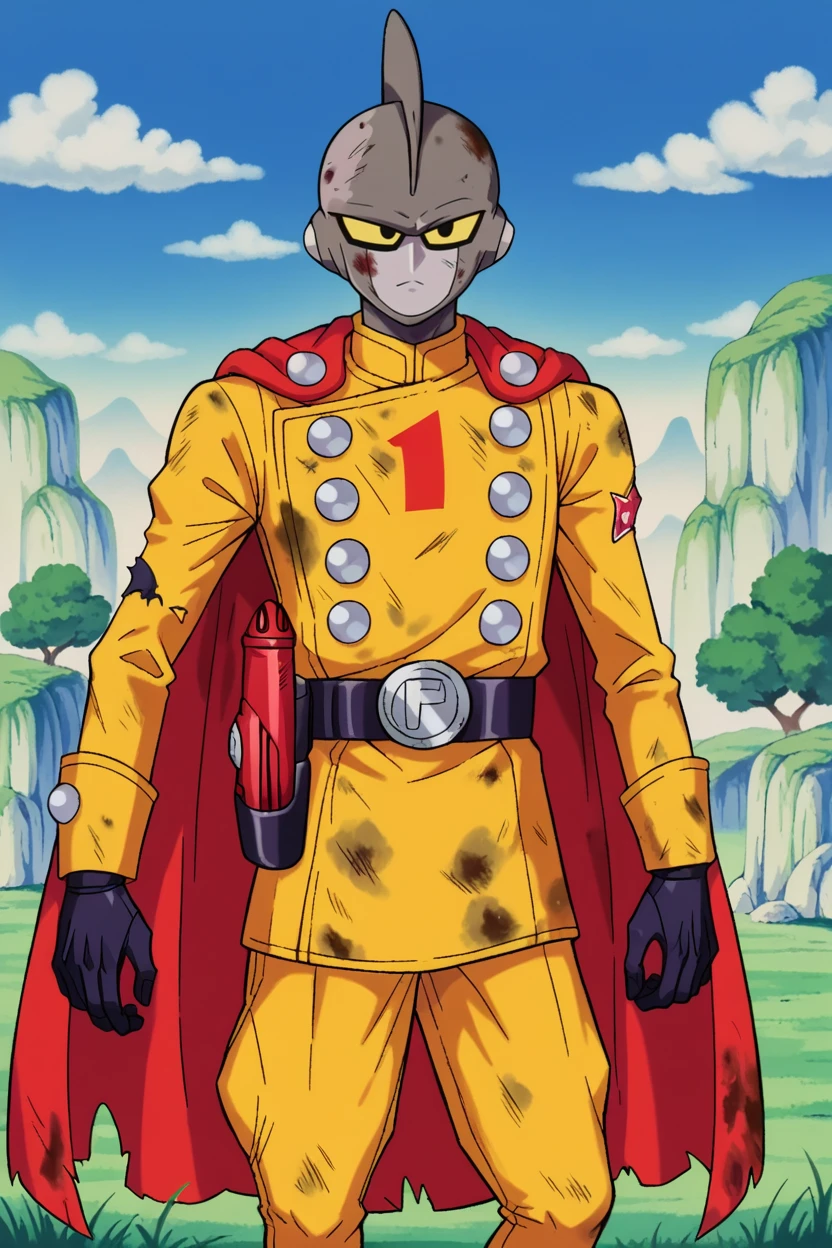score_9, score_8_up, score_7_up, score_6_up, score_5_up, score_4_up BREAK gamma 1,1boy,solo, grey skin, shark fin,yellow sclera, black eyes,red ribbon shoulder patch, red cape, red print,red gun, yellow jacket, double-breasted, yellow pants, black gloves, black belt, closed mouth, uneven eyes,,half-closed eye, break wasteland,(white ground), cloud, tree, plateau, hill, grass,dirty, torn clothes,holster, <lora:BreakWastelandPony:1> <lora:GammasPony:1>