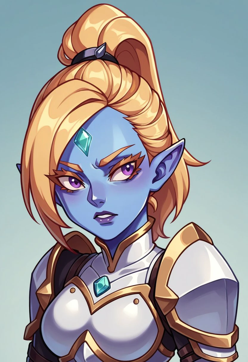 score_9, score_8_up, score_7_up, score_6_up, BREAK
portrait,  <lora:Sova_-_Sovalin_Maliana_Subverse:0.7> sovalin-dh, shortstack, blue skin, pointy ears, ponytail, blonde, purple eyes, long eyelashes, forehead jewel, armor