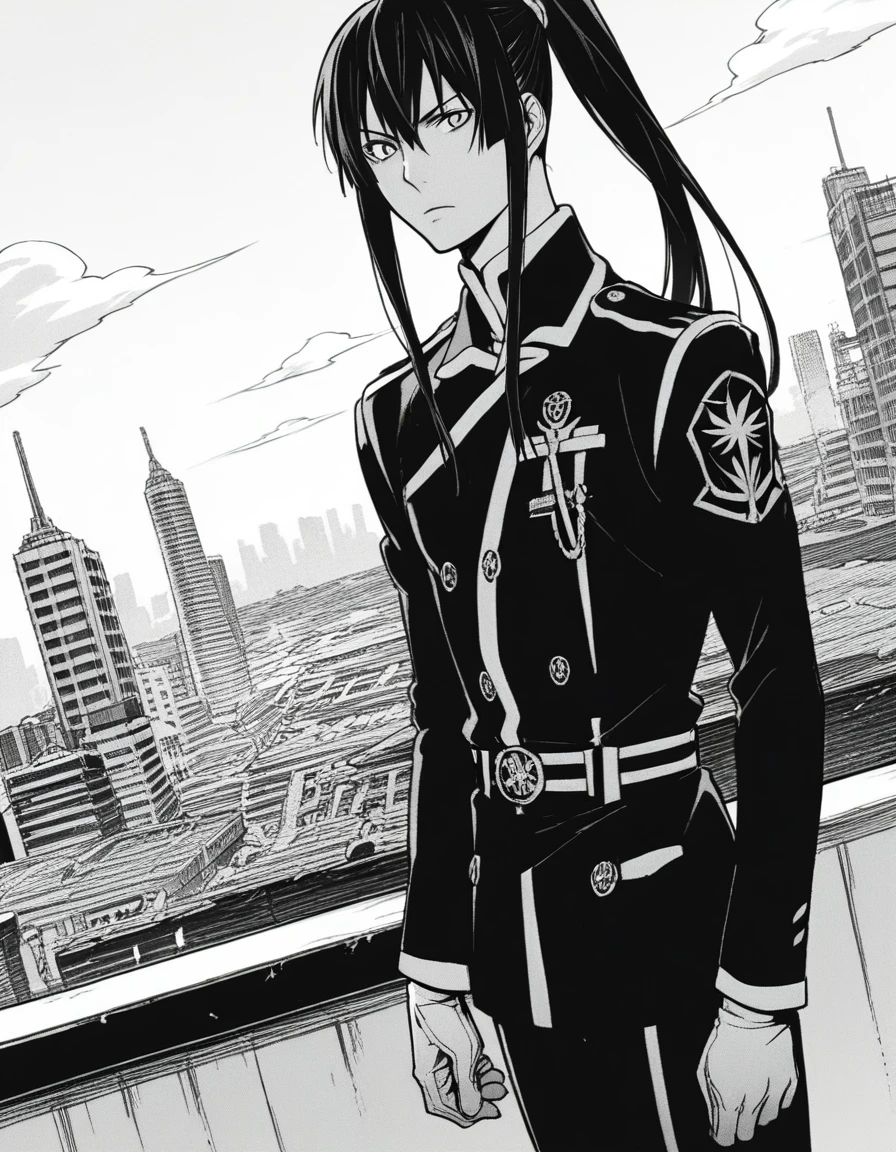 score_9, score_8_up, score_7_up, source_anime,
yuukanda, <lora:yuu-kanda-manga-ponyxl-lora-nochekaiser:1>,
yuu kanda, long hair, monochrome, ponytail, greyscale, male focus,
gloves, uniform, military, military uniform,
outdoors, cityscape,
looking at viewer, solo, cowboy shot, dutch angle,