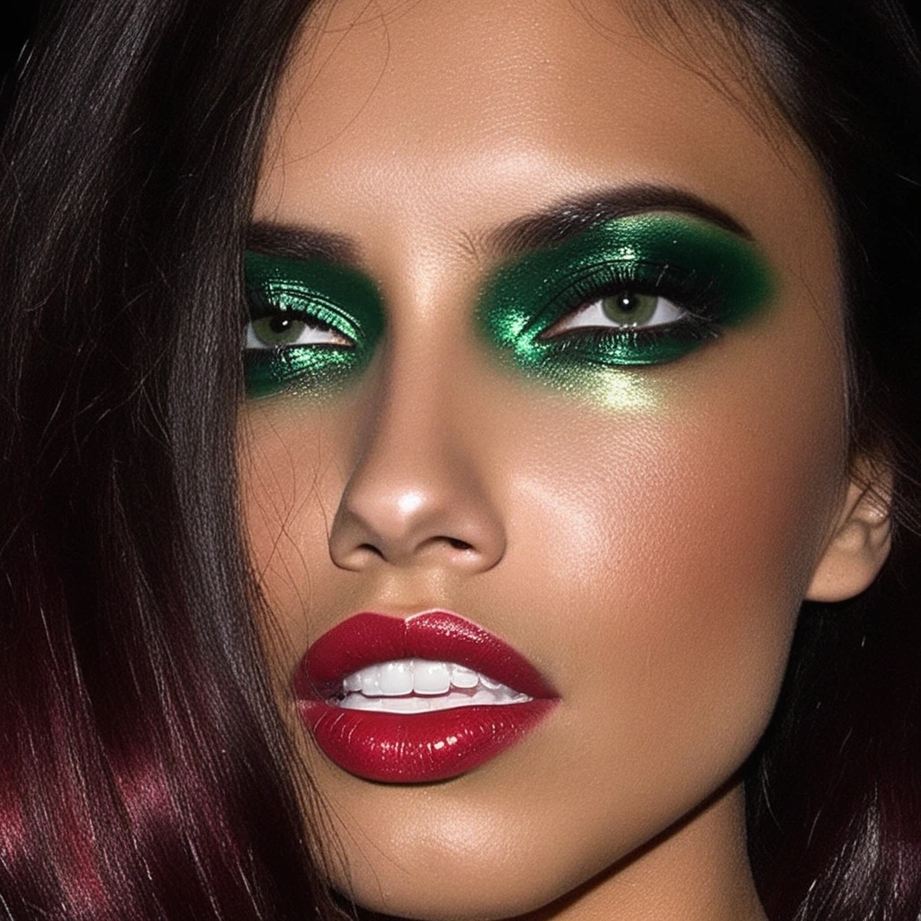 Extreme close-up photograph of AdxLim, 1girl, long cascading hairstyle, relaxed mouth, crimson glossy lipstick, emerald green metallic eyeshadow, bold intricate liquid eyeliner, glowy skin, black background