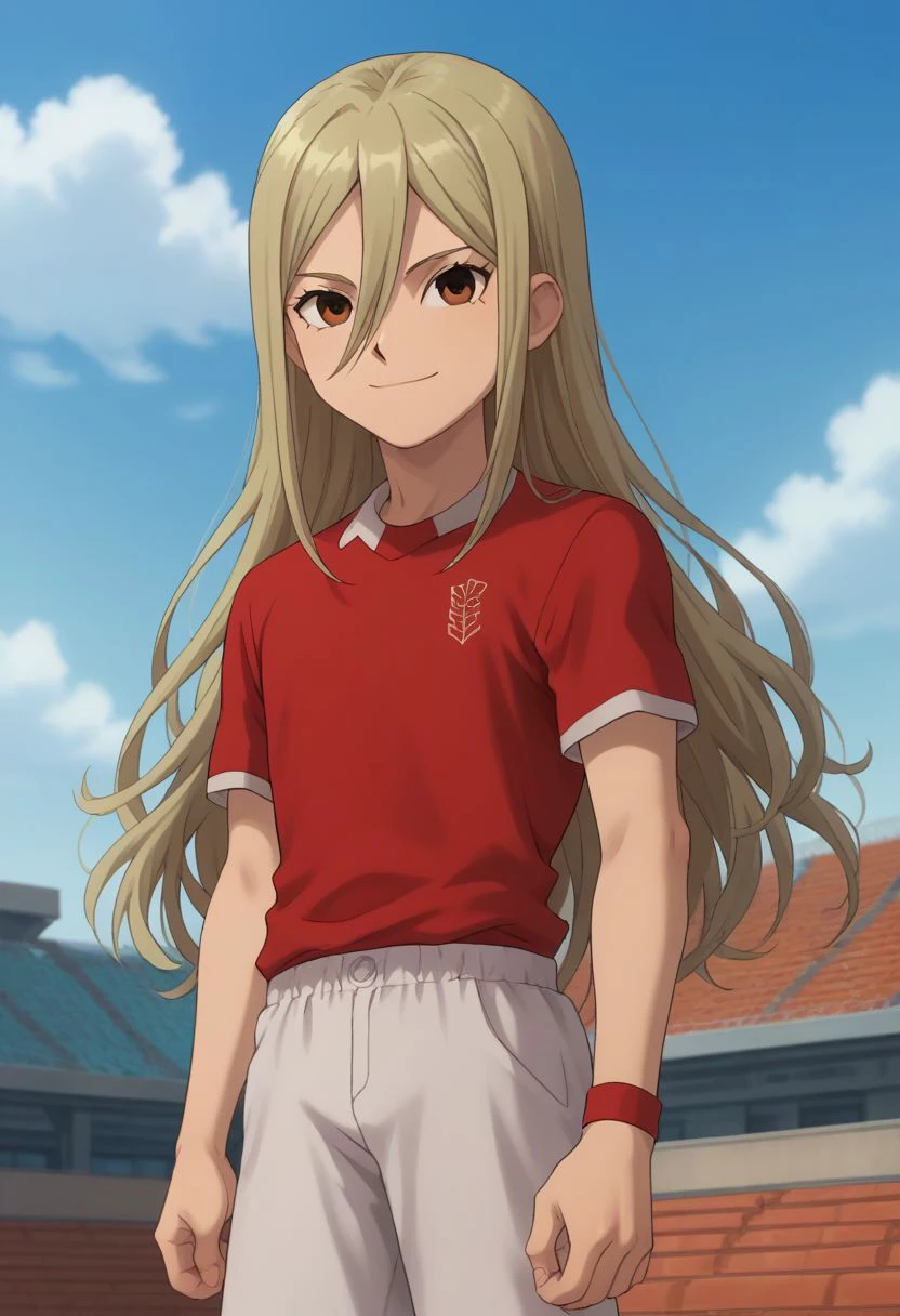 core_9, score_8_up, score_7_up, source_anime, highly detailed, slender, skinny, cute, 1boy, solo, male_focus,
byron, male focus, 1boy, solo, long hair, sky, cloud, blonde hair, day, soccer uniform, red shirt, smile, sportswear, brown eyes,