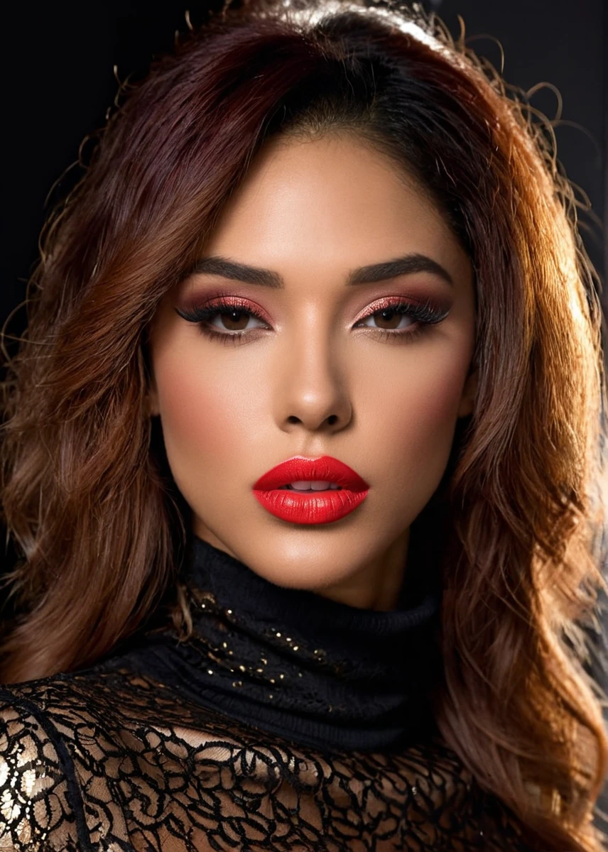 fashion editorial style, (((full body))) of A captivating masterpiece of an woman, (((dressed in a red turtleneck Blouse))), open hair, The intricate lace and gold details exude a very rebellious aura. ((A bold and daring makeup look featuring ombre lips that transition from a deep, dark red at the center to a glossy black at the outer edges. The lips are expertly lined and filled in with precision, creating a gradient effect that is both edgy and sophisticated)). ((The use of high-shine gloss adds a touch of glamour and dimension to the look)), ((while the deep red and black hues give it a dramatic, vampy vibe)), low-key photography:1.3, one rim side light, narrow lighting, only one light source, facing camera, shallow depth of field, high fashion, trendy, stylish, professional, highly detailed, 8K, <lora:MS_NajaIrie_SDXL:0.8>