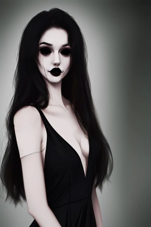 Jane the killer long black hair, black eyes, black lipstick, black dress pale white skin