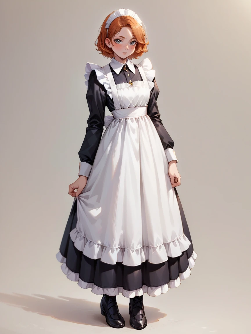 score_9, score_8_up, score_7_up, score_6_up, l0ngm41d, long sleeves, bow, apron, maid, frilled apron, full body, ginger hair,  <lora:l0ngm41dXLP:0.6>