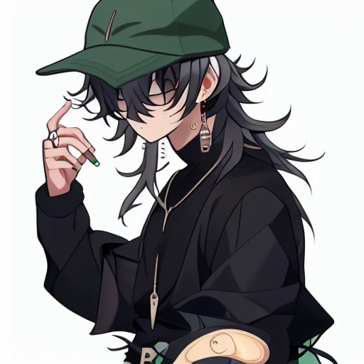 upper body, holding, black hair, black shirt, ring, hat, earrings, 2boys, shoes, looking back, cap, ahoge, green eyes, black pants, necklace