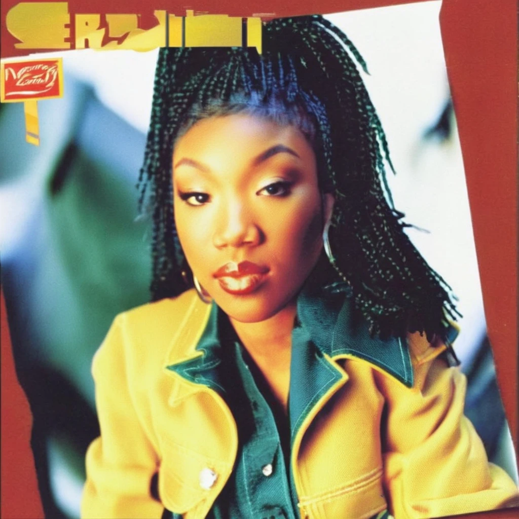 a 1995s album cover, with a photo of brndi, <lora:brndiXL:1> brndi, brndi close up, brndi , ((album cover title: "Brandy":1)) ((depth of field:1)), brndi in focus,, wearing a yellow 1990s jacket,