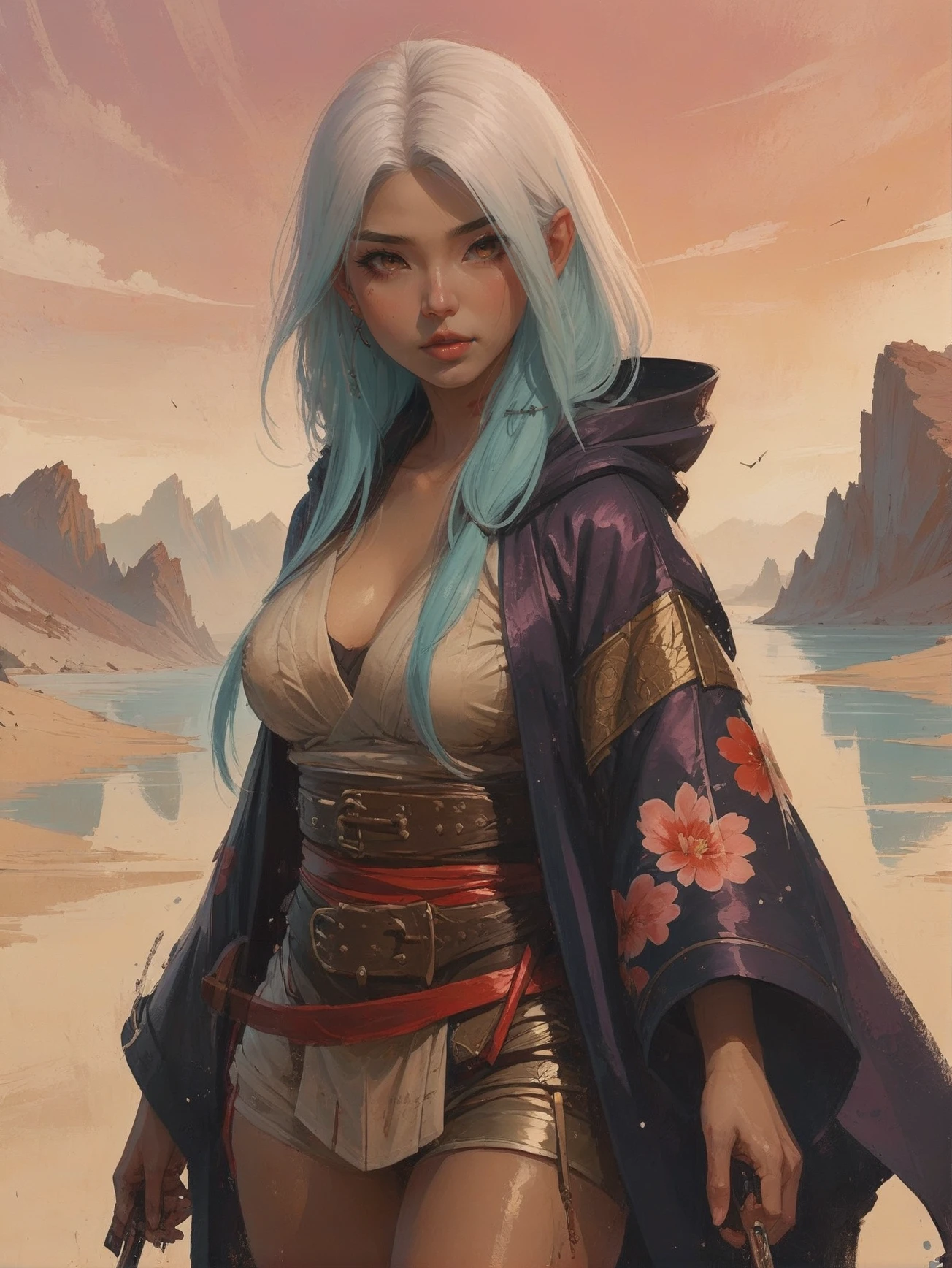 digital painting, 1girl, woman, desert assassin lord villainess, kimono, hooded cloak, sunset, bombshell hair, ultra color:mediumorchid hair, Mullets, shiny tan clothes, thick thighs, narrow waist, (asian:1.3), seductive smile, Iceberg<lora:EnvyStarlightGritty01:1>