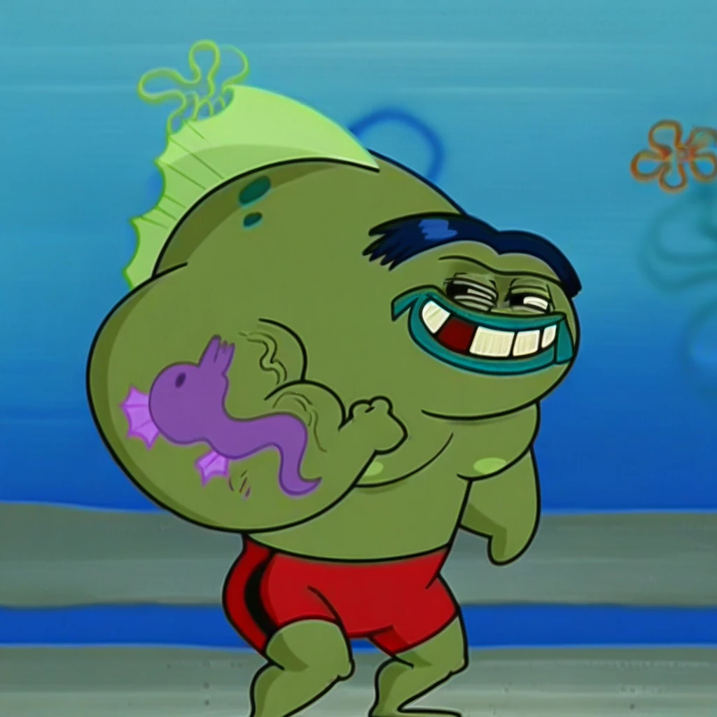 Green thug fish, solo, anthro fish man, hunchback, muscular male, 1boy, thick arms, seahorse tattoo, fish lips, green skin, red shorts, smile, teeth, flexing, veiny muscles