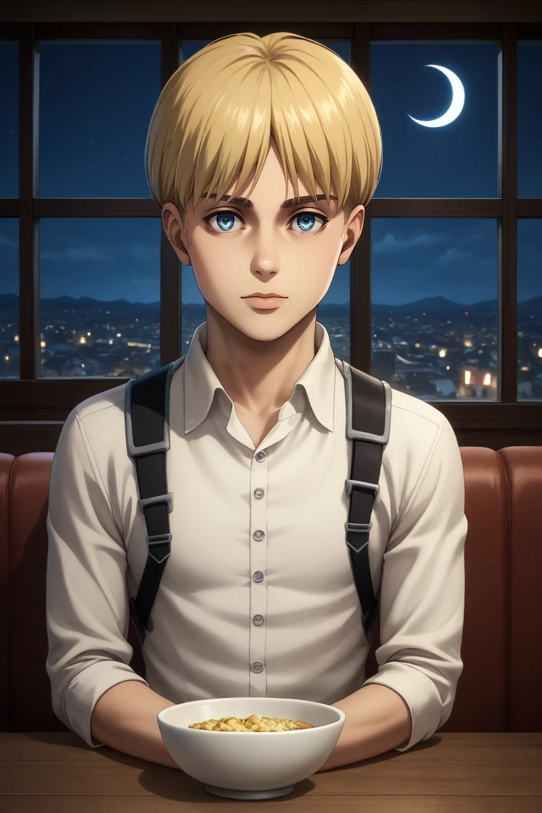 score_9, score_8_up, score_7_up, source_anime, rating_safe, , (photorealistic:0.6), looking at viewer, , 1boy, solo, male focus, <lora:armin_arlert_pony:0.94>, armin_arlert, blonde hair, blue eyes, very short hair, bowl cut, symmetry, restaurant, night, crescent moon, arms at sides, sparkling eyes, , <lora:sdxl_lightning_8step_lora:1>