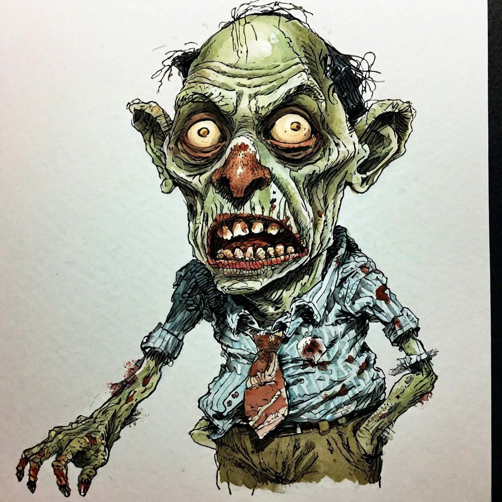 (extremely rough:1.5) (hand drawn:1.5) ink and color (sketch:1.5) of Zombie, caricature in cuneo style, (full character:1.4), (irregular lines:1.5), complete outfit, candid pose, extremely detailed, (surreal:1.5), paper texture background <lora:Cuneo_Style_XL_LyCoris_v1.6:1> <lora:add-detail-xl:0.4>