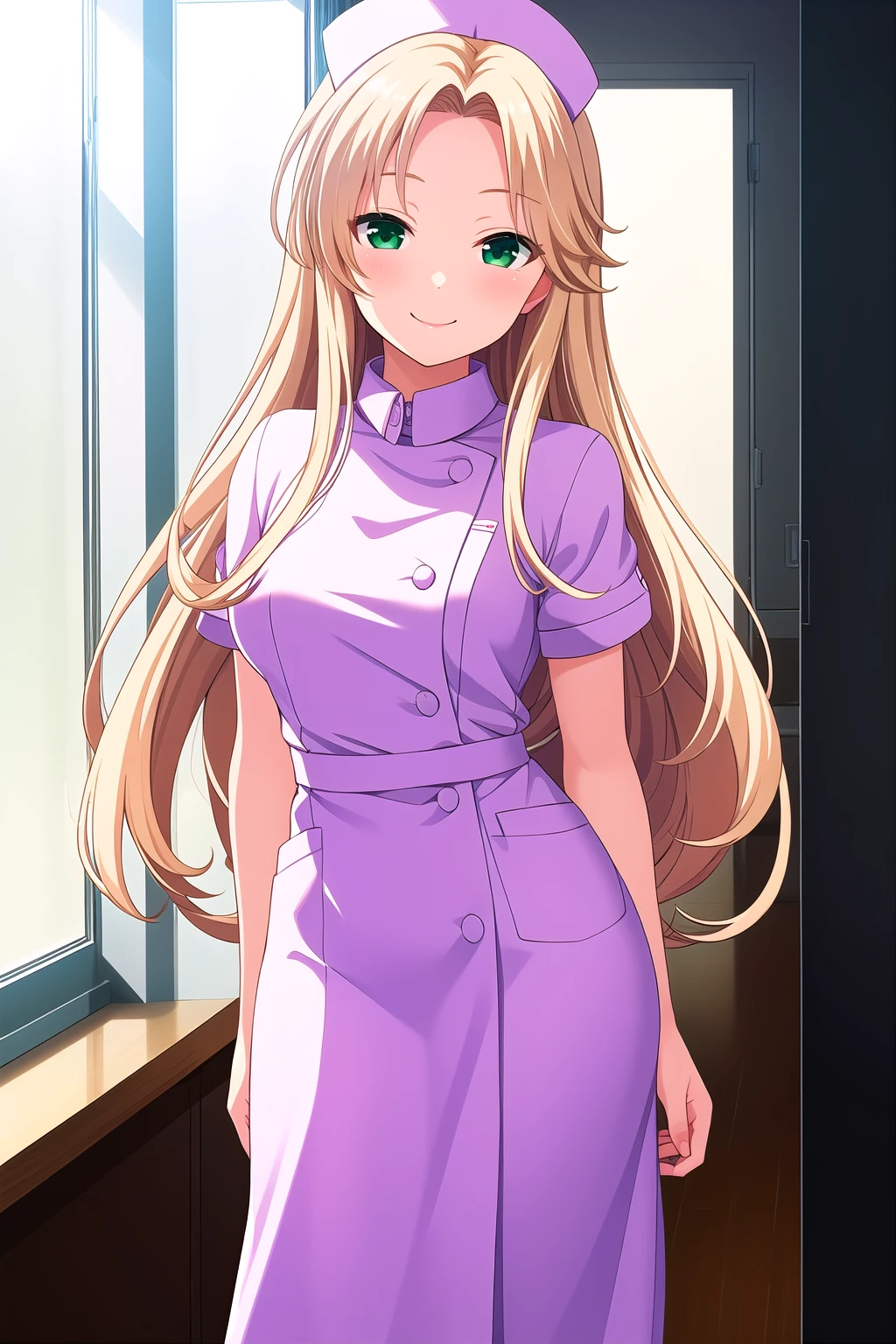 (masterpiece, best quality), highly detailed background, perfect lightingbest quality, hayashidakira, solo, indoors, hospital, nurse, nurse cap, blonde hair, parted bangs, forehead, very long hair, green eyes, medium breasts, white dress, long dress, smile, closed mouth, :), pink lips, <lora:Hayashida-Kira:0.7>