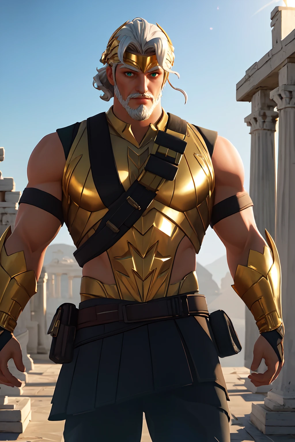 zeusfortniteV1, 1boy , mature male, looking at viewer,  white skin, white hair, green eyes, beard, mustache, male focus, facial hair, muscle,   <lora:zeusfortnite-09:0.5>, golden armor, shotgun shell bandolier,  grecia, sunlight,, masterpiece, 4k, high quality, highres, absurdres,