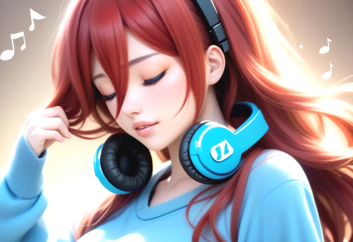 (score_8_up,score_7_up,score_6_up,score_5_up,score_4_up,perfect eyes),1girl,nakano_miku,blue sweater,breasts,closed eyes,hair between eyes,hand on headphones,headphones,long hair,musical note,parted lips,red hair,solo,sweater,treble clef,upper body,<lora:nakano_miku_pony:1>,