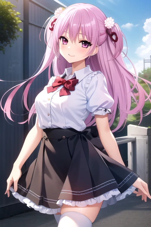 ((masterpiece)),(best quality),official art,extremely delicate and beautiful,extremely detailed CG,unity 8k wallpaper,ultra detailed,beautiful detailed eyes,extremely detailed face,outdoors,1girl,solo,cowboy shot,looking at viewer,facing viewer,smile,(petite:1.2),Midou Konoka,long hair,pink hair,twintails,two side up,hair ornament,hair ribbon,hair flower,hair between eyes,bangs,pink eyes,school uniform,red bowtie,white shirt,collared shirt,puffy short sleeves,frills,large breasts,high-waist skirt,black skirt,zettai ryouiki,white thighhighs,loafers,<lora:Midou Konoka(ig)>,