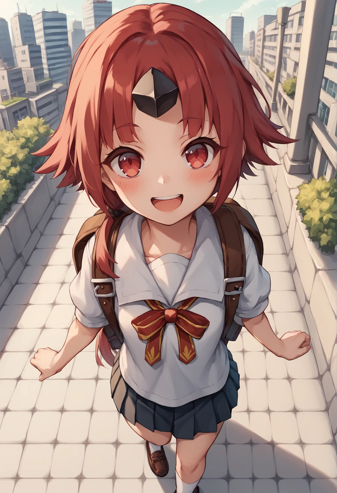 1girl, red eyes, red hair, yellow hair, long hair, Multicolored Hair, low ponytail, single horn, neck ribbon, school uniform, short sleeves, skirt, shirt, outdoors, closed yes, backpack, smile, blushing, open mouth, walking, city, looking at viewer, from above, <lora:Kuro_XL:0.8> <lora:Dechi:1>, score_9, score_8_up, score_7_up, score_6_up, score_5_up, score_4_up, BREAK source_anime, masterpiece