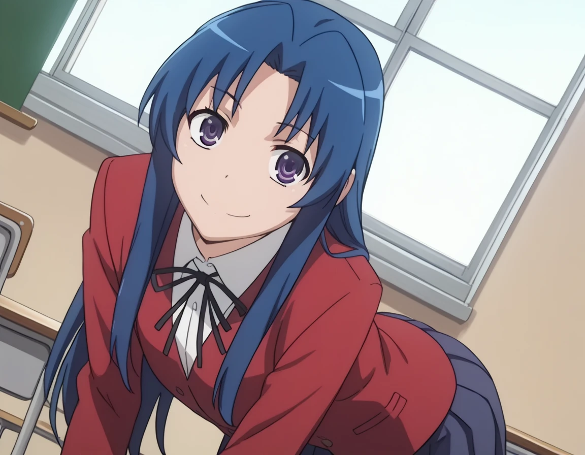 score_9, score_8_up, score_7_up, source_anime,
amikawashima, <lora:ami-kawashima-s1-ponyxl-lora-nochekaiser:1>,
ami kawashima, long hair, blue hair, purple eyes, parted bangs,
school uniform, oohashi high school uniform, jacket, red jacket, long sleeves, shirt, white shirt, collared shirt, ribbon, skirt, pleated skirt,
indoors, classroom, bent over, smile,
looking at viewer, solo, cowboy shot, dutch angle,