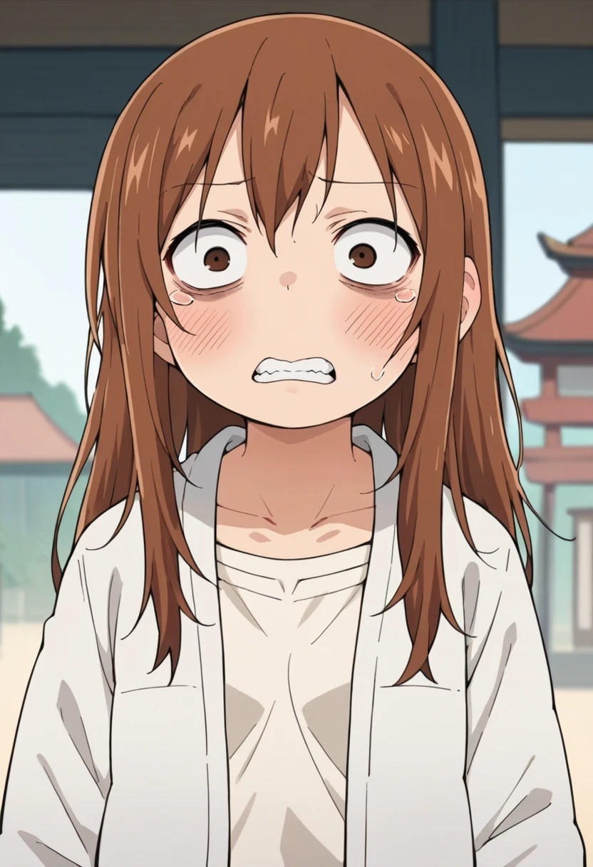 score_9, score_8_up, score_8, source_anime, 1girl, <lora:Miyashita:0.95> solo, brown eyes, brown hair, long hair, loose hair, white jacket, blush, teeth, shocked, constricted pupils, looking at viewer,
japanese shrine background, blurry background,
