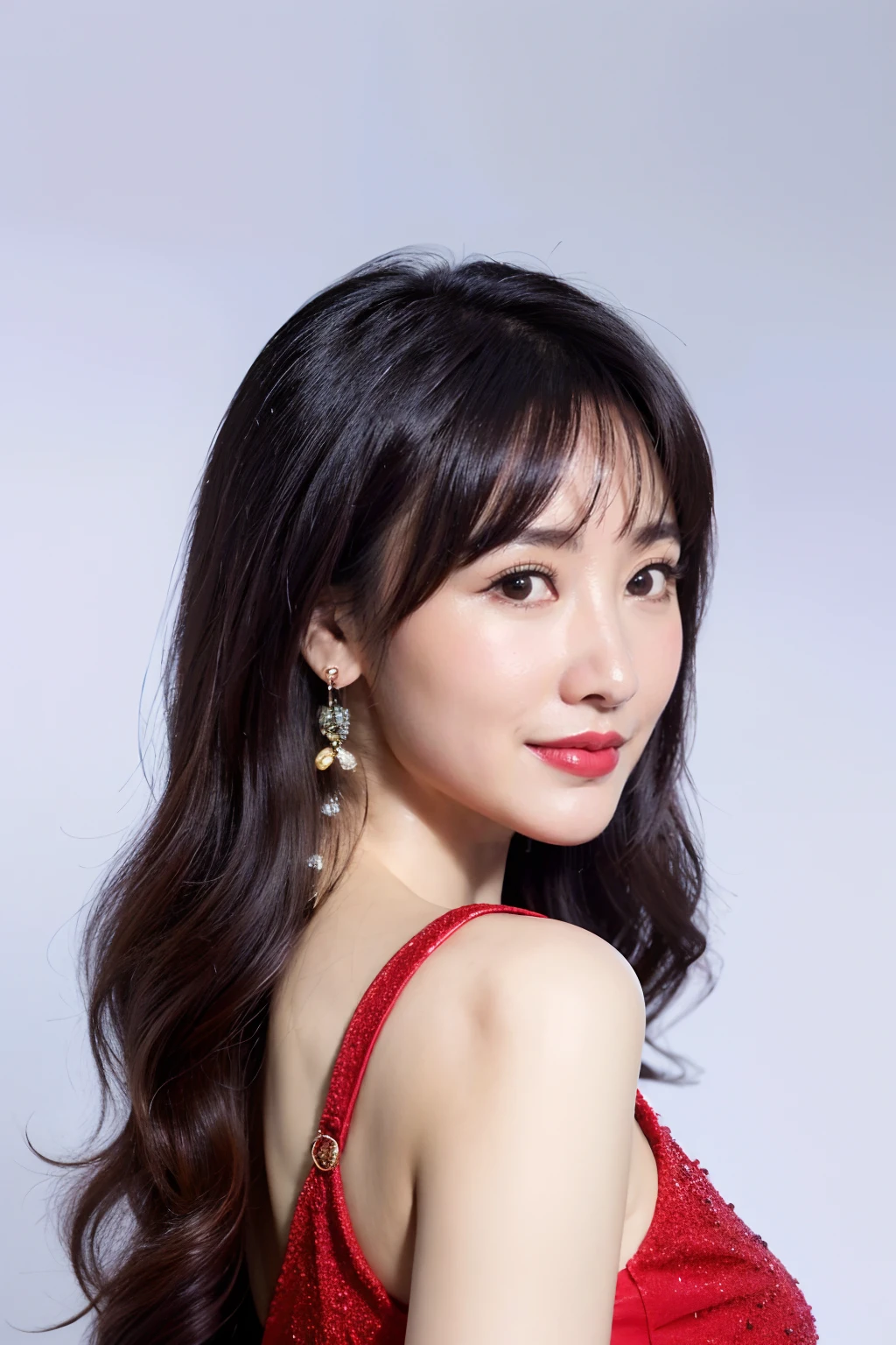 <lora:LiuYan1.0:0.75>,1girl,(looking at viewer:1.2),earrings,smile,looking back,
red dress,portrait,from side,
simple background,
masterpiece,best quality,ultimate details,highres,8k,wallpaper,extremely clear,