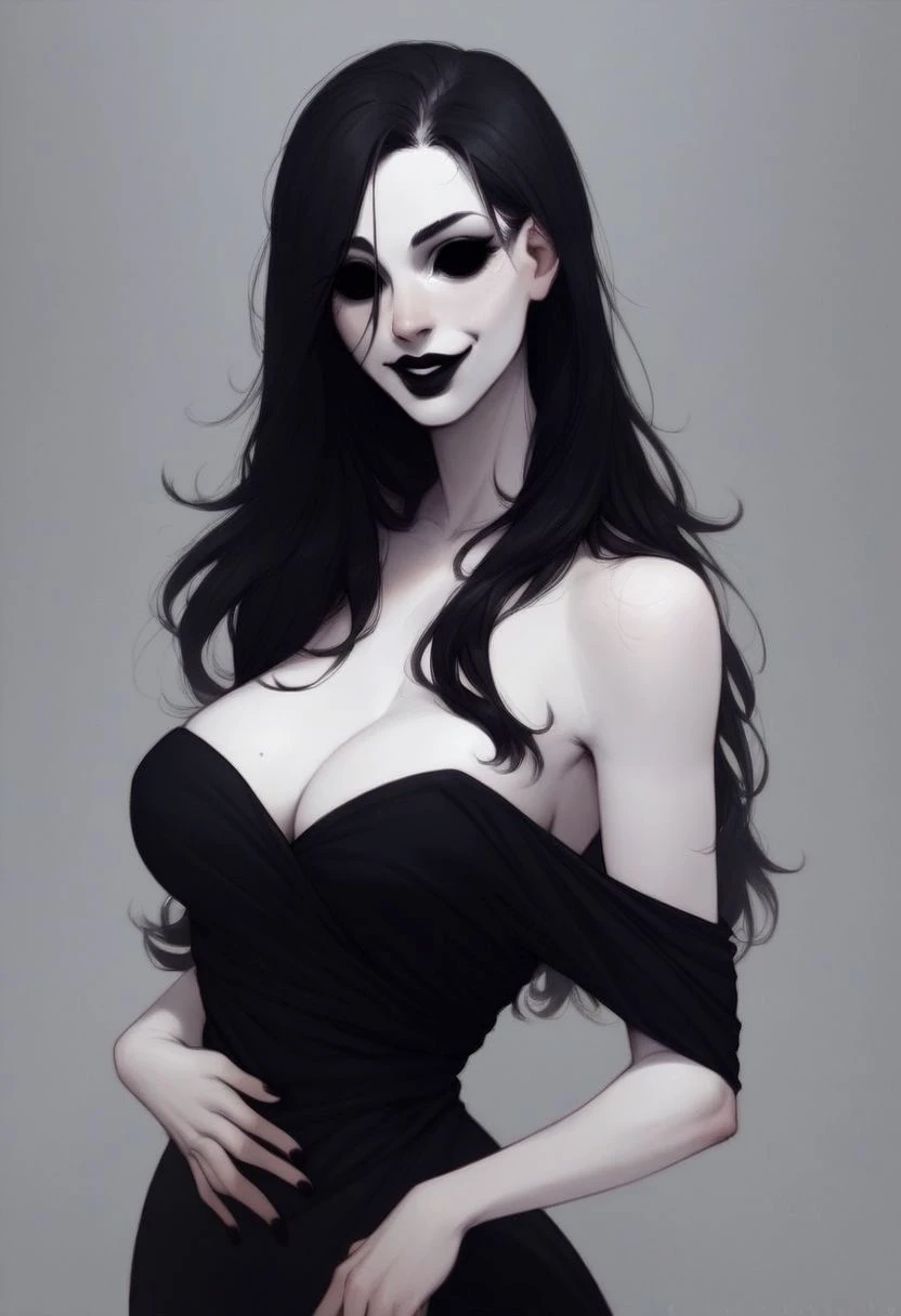 score_9, score_8_up, score_7_up, score_6_up, score_5_up, score_4_up BadDream,OverallDetail,1girl, long black hair, black lipstick, black eyes, black eyes, black dress, large breasts, smile, pale white skin, leaning foreward