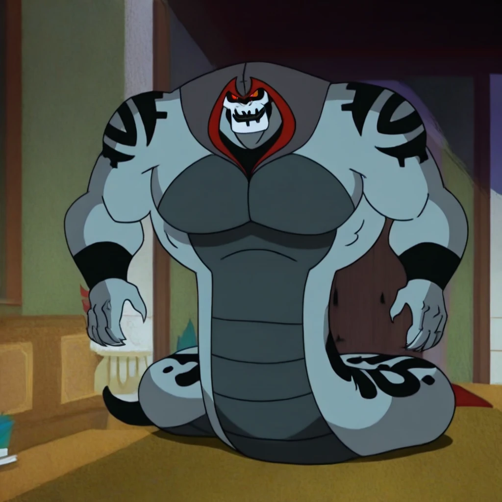Hex Snake, snake, serpentine, naga, 1boy, muscular male, large pectorals, large muscles, tattoos, facial markings, yellow sclera, red pupils, hands on hips, grin, closed mouth