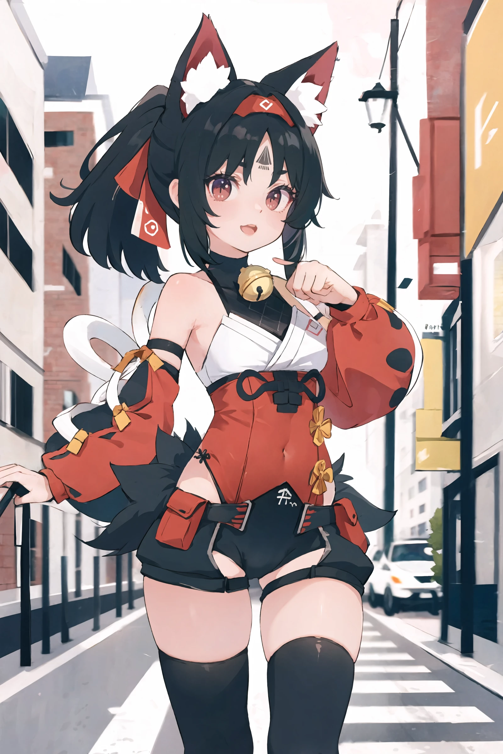 1girl, nekomiya mana, solo, neck bell, hairband, two tails, detached sleeves, black thighhighs, ponytail, red leotard, leotard under clothes, black shorts, hair ribbon, forehead mark, cowboy shot, standing, smile, open mouth, looking at viewer, paw pose, outdoors, street