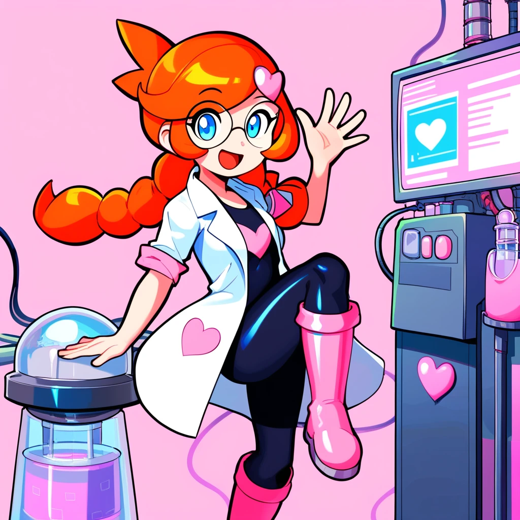 score_9_up, score_8_up, score_7_up, score_6_up, best quality, masterpiece, source_cartoon, detailed background, pink background, (lab, laboratory, machines, computer:1.5), BREAK 1girl, solo, penny_(\warioware\), large head, orange hair, blue eyes, braids, glasses, pink hairpin, labcoat, black bodysuit, pink boots, short sleeves, smile, open mouth, standing, waving, one leg up, looking at viewer <lora:PDXL_Penny_WW:1>