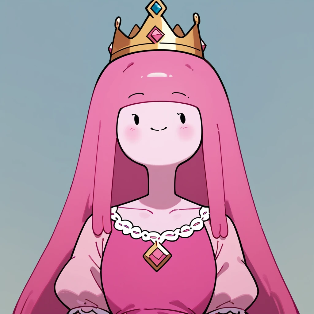 score_9, score_8_up, score_7_up,source_cartoon,princess bubblegum from adventure time,pink skin,(flat cartoon), 1girl,[masterpiece], dot eyes,pink dress ,crown