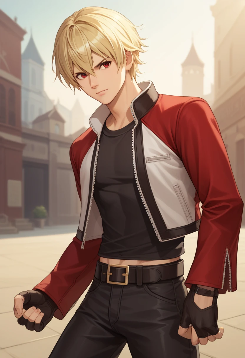 score_9, score_8_up, score_7_up, masterpiece, best quality, amazing quality, best aesthetic, ,absurdres, cute,solo, rock howard,blonde hair, red eyes, red with white jacket, black shirt, black pants, black shoes, belt, black fingerless gloves,midriff peek,score_6_up<lora:EMS-367048-EMS:1.000000>