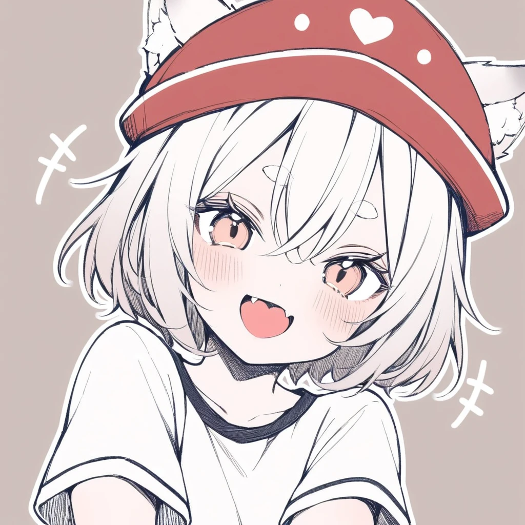 1girl,
solo, simple background, brown eyes, looking at viewer, hair between eyes, smile, red hat, upper body, grey background, chibi, hat, short eyebrows, open mouth, wolf ears, heart in mouth, blush, heart, thick eyebrows, :d, animal ears, white hair, shirt, white sleeves, white shirt, short hair, +++, tokin hat, wolf girl, fang, animal ear fluff, short sleeves, eyebrows hidden by hair,
masterpiece, best quality, safe
<lora:mki-a31-dodosako-v1-000070:1>