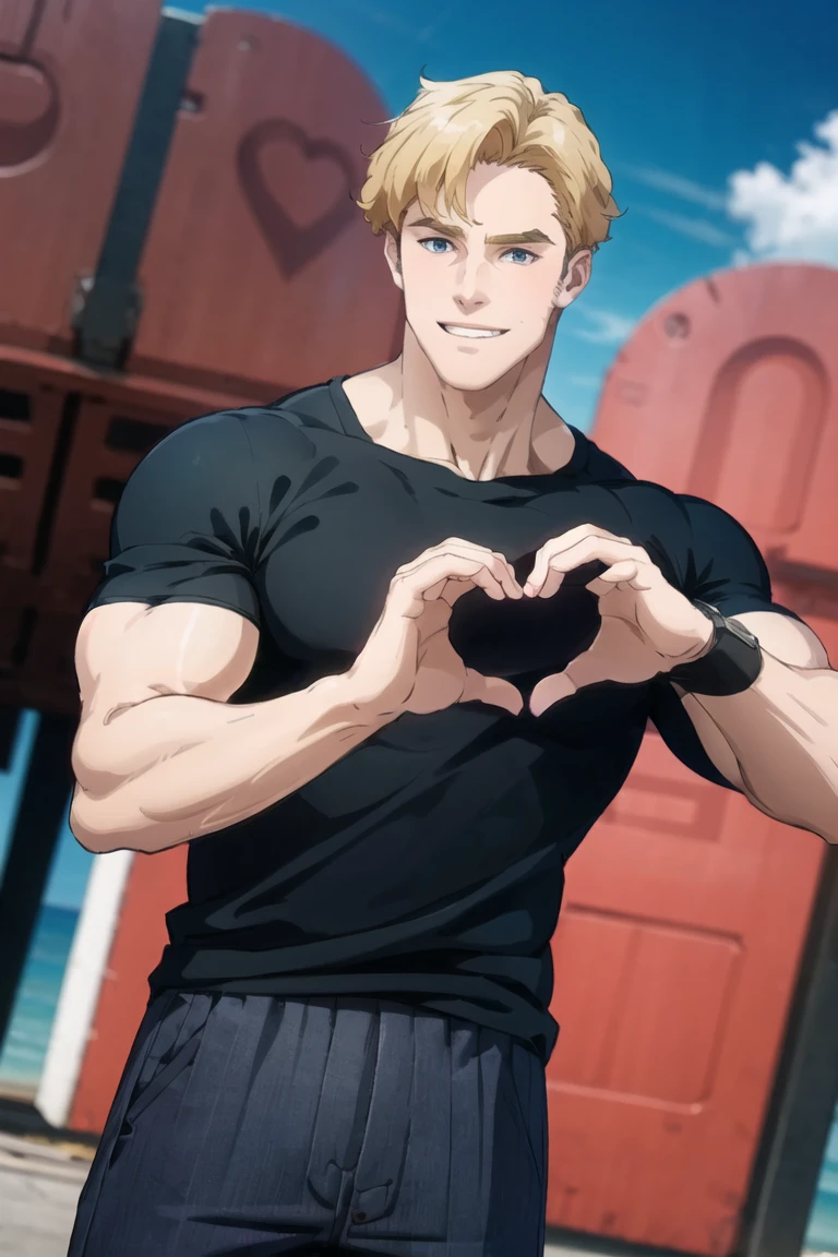 solo male, Lewis Smith \(Bang Brave Bang Bravern\), blond hair, short hair, blue eyes, ((black t-shirt, grey pants)), ((heart hands)), blush, mature, handsome, charming, alluring, grin, standing, upper body, perfect anatomy, perfect proportions, best quality, masterpiece, high_resolution, dutch angle, cowboy shot, photo background, on aircraft carrier, ocean, sky, muscular, beefy<lora:EMS-367115-EMS:0.800000>, <lora:EMS-34439-EMS:0.800000>